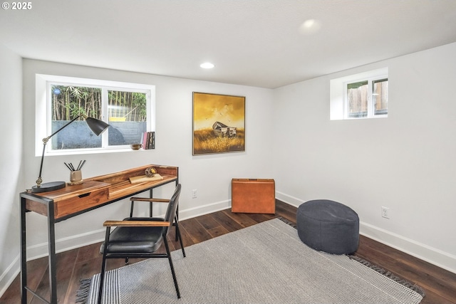 office with recessed lighting, baseboards, and wood finished floors