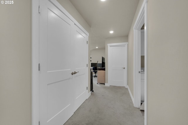 3783 Rockcress Rd, Eugene, OR 97403 - hallway with recessed lighting, light carpet, a desk, and baseboards
