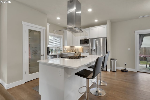 3783 Rockcress Rd, Eugene, OR 97403 - kitchen featuring stainless steel appliances, wood finished floors, island range hood, white cabinets, and tasteful backsplash