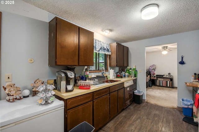 kitchen featuring a sink, light countertops, a textured ceiling, dark wood-type flooring, and a ceiling fan