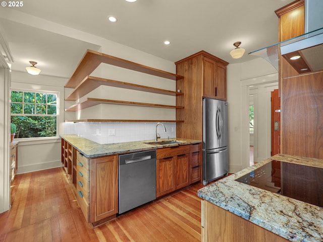 kitchen with appliances with stainless steel finishes, open shelves, a sink, backsplash, and recessed lighting