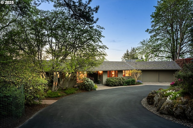 single story home featuring curved driveway and stucco siding