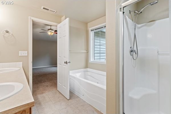 17504 SE 16th Cir, Vancouver, WA 98683 - bathroom featuring tile patterned floors, a shower stall, a bath, and double vanity