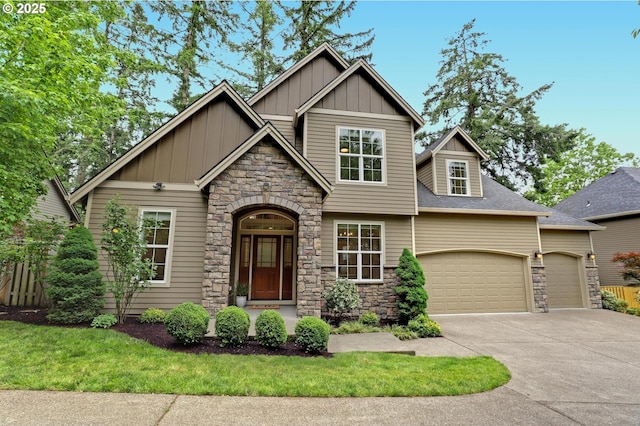 1734 NW Saltzman Rd, Portland, OR 97229 - craftsman house featuring stone siding, board and batten siding, an attached garage, and concrete driveway