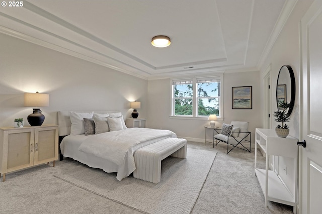 1734 NW Saltzman Rd, Portland, OR 97229 - bedroom featuring a tray ceiling, light carpet, crown molding, and baseboards