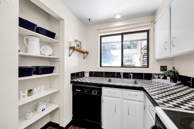 kitchen featuring open shelves, a sink, range with electric cooktop, black dishwasher, and white cabinetry