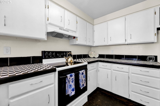 kitchen featuring under cabinet range hood, white cabinets, concrete floors, and range with electric stovetop