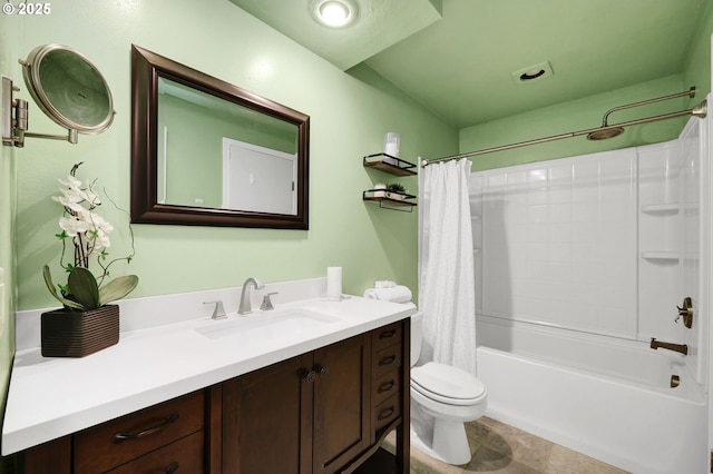 bathroom with vanity, toilet, and shower / bath combination with curtain