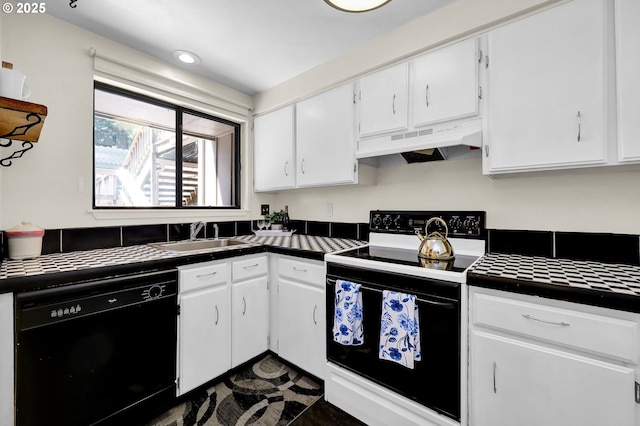 kitchen with dark countertops, black dishwasher, electric range oven, under cabinet range hood, and a sink