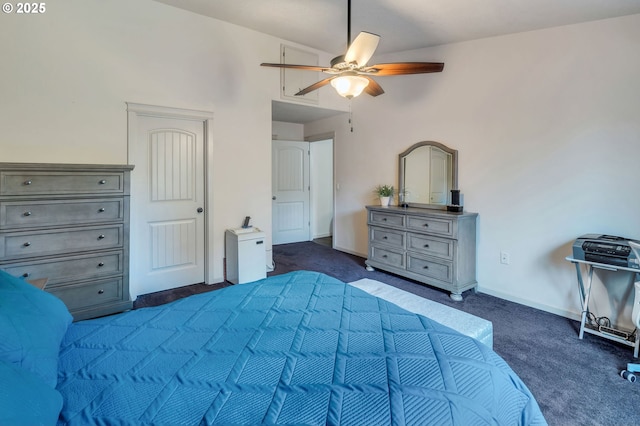 bedroom featuring carpet floors, baseboards, and a ceiling fan