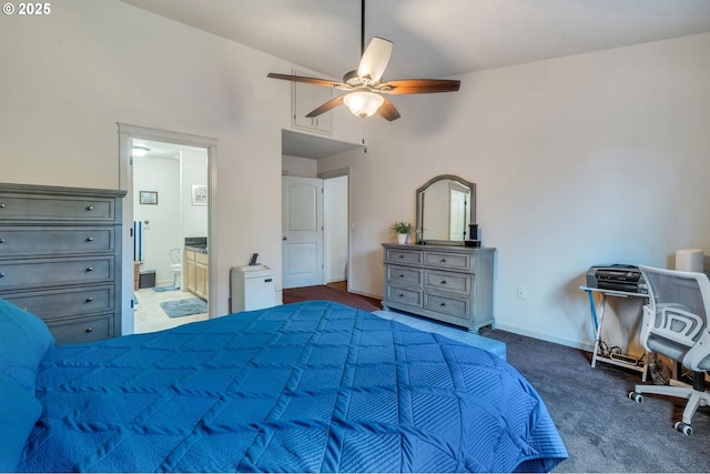 bedroom featuring ensuite bathroom, high vaulted ceiling, ceiling fan, carpet flooring, and baseboards