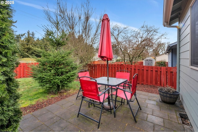 view of patio / terrace with a shed, outdoor dining area, and a fenced backyard