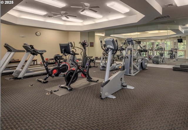 1231 NE Horizon Loop Unit 203, Hillsboro, OR 97124 - exercise room featuring a raised ceiling, a ceiling fan, and carpet flooring