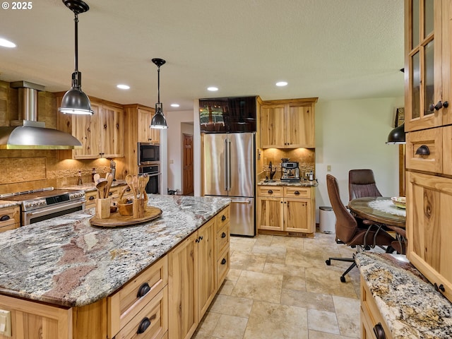 23456 S Schieffer Rd, Colton, OR 97017 - kitchen with stainless steel appliances, exhaust hood, backsplash, light stone counters, and glass insert cabinets