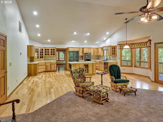 23456 S Schieffer Rd, Colton, OR 97017 - living area featuring high vaulted ceiling, light wood finished floors, ceiling fan, and recessed lighting