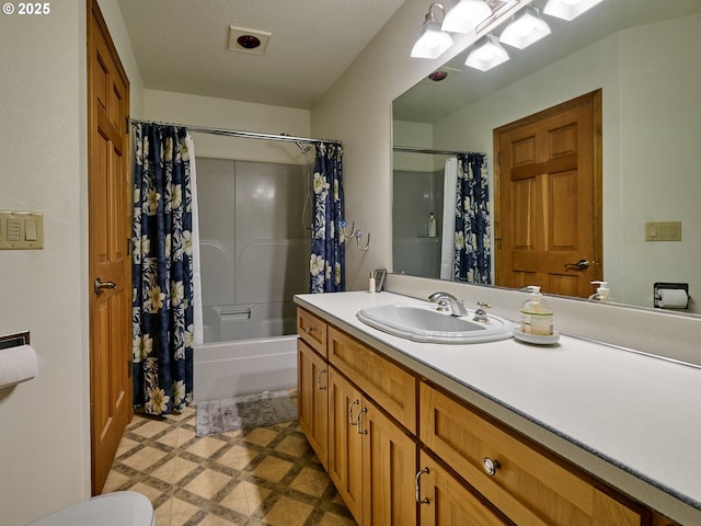 23456 S Schieffer Rd, Colton, OR 97017 - full bathroom with vanity, shower / bath combo, inlaid floor details, and tile patterned floors