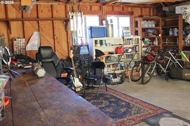 garage with wooden walls