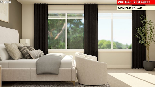 carpeted bedroom with baseboards and multiple windows