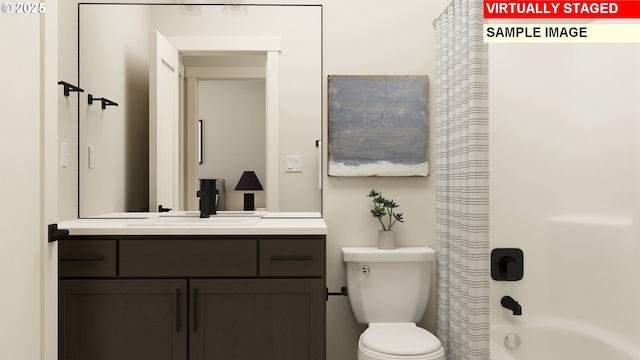 full bath featuring toilet, vanity, and shower / tub combo
