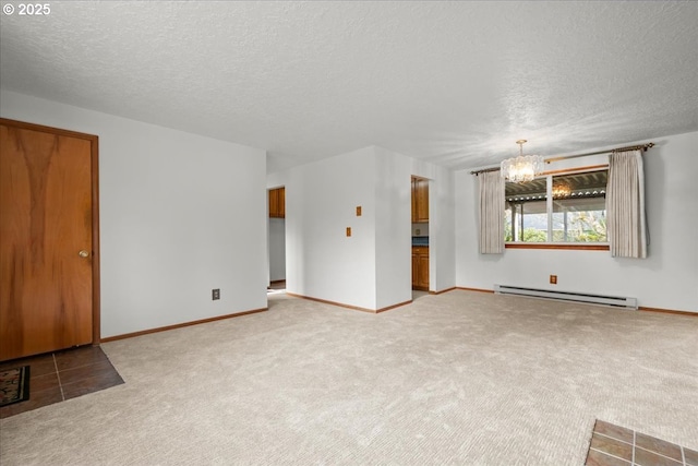 unfurnished room featuring a baseboard radiator, carpet, a textured ceiling, and an inviting chandelier