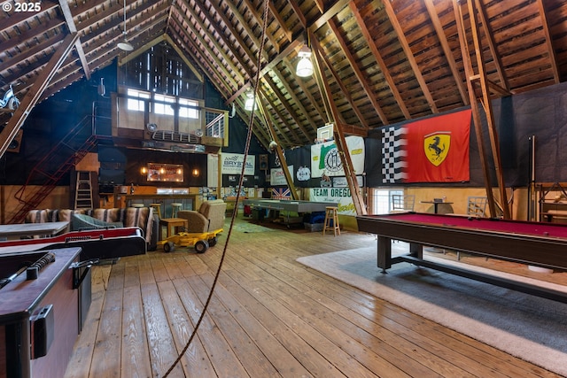 8747 S Heinz Rd, Canby, OR 97013 - game room featuring billiards, hardwood / wood-style floors, and high vaulted ceiling