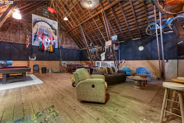 8747 S Heinz Rd, Canby, OR 97013 - game room with hardwood / wood-style floors, vaulted ceiling, wooden walls, and pool table