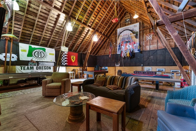 8747 S Heinz Rd, Canby, OR 97013 - playroom featuring lofted ceiling, wood-type flooring, billiards table, wooden ceiling, and wood walls