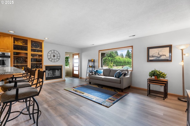 8747 S Heinz Rd, Canby, OR 97013 - living area featuring a glass covered fireplace, light wood-style floors, and recessed lighting