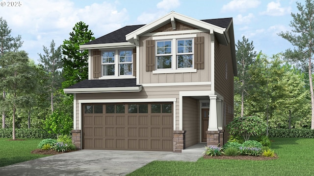 craftsman house featuring a garage and a front lawn