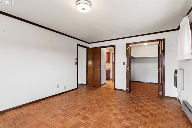 unfurnished bedroom featuring a baseboard radiator, ornamental molding, and light parquet floors