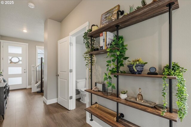 foyer featuring dark wood-style flooring and baseboards