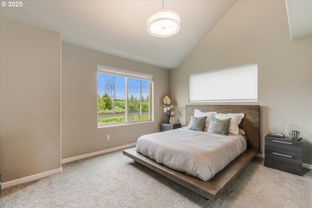 carpeted bedroom with baseboards and high vaulted ceiling