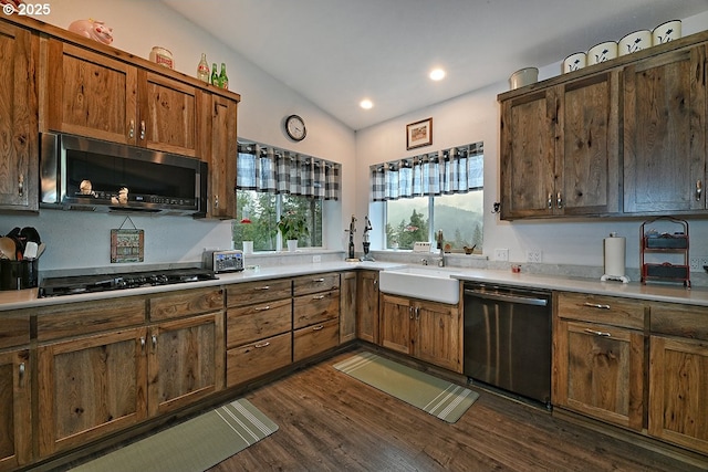 kitchen with dark hardwood / wood-style floors, sink, appliances with stainless steel finishes, and vaulted ceiling