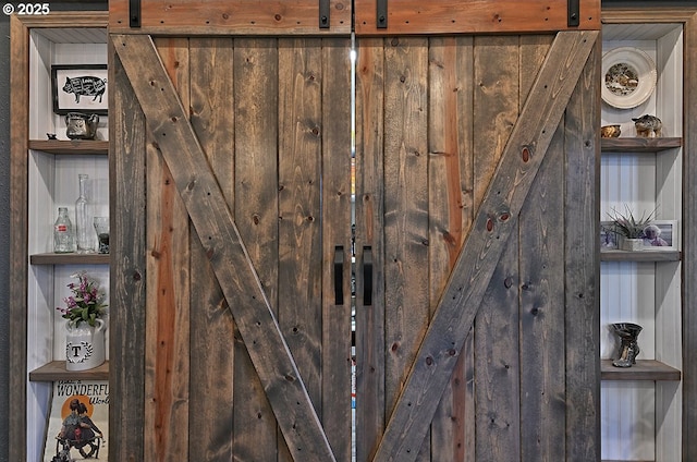 exterior details featuring a barn door