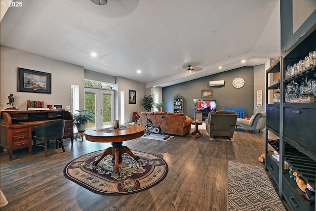 living room featuring ceiling fan, french doors, dark wood-type flooring, and lofted ceiling