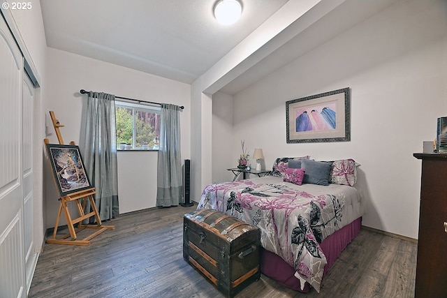 bedroom with dark hardwood / wood-style flooring and a closet