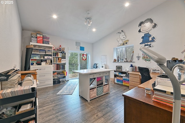 home office featuring vaulted ceiling, dark wood-style floors, and recessed lighting