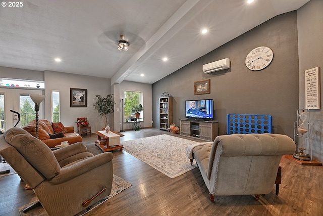 living room featuring a wall mounted air conditioner, dark wood-type flooring, french doors, ceiling fan, and beamed ceiling