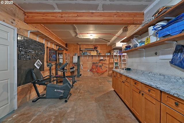 basement with a workshop area