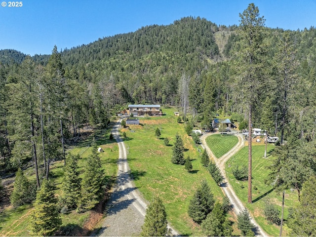 drone / aerial view featuring a wooded view
