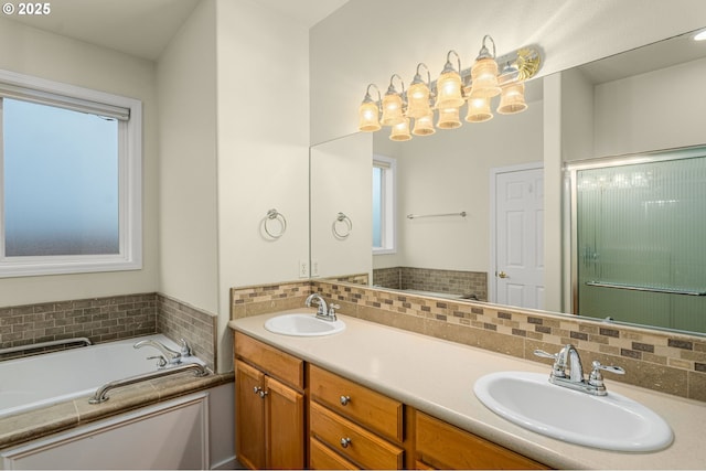 bathroom with plenty of natural light, tasteful backsplash, a washtub, and vanity