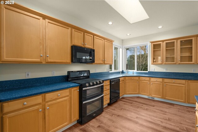 kitchen featuring black appliances, a skylight, light hardwood / wood-style flooring, and sink