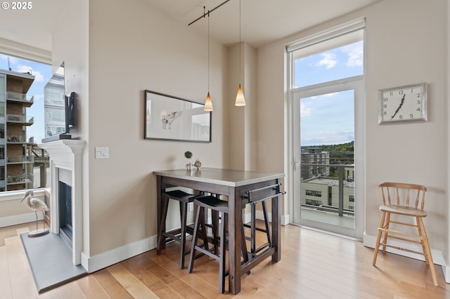 1930 S River Dr Unit W1003, Portland, OR 97201 - dining room with light wood-type flooring, baseboards, and a fireplace