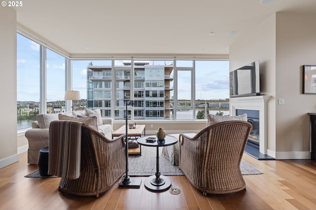 living room featuring wood finished floors, baseboards, a glass covered fireplace, and a water view