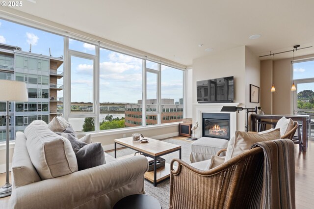 1930 S River Dr Unit W1003, Portland, OR 97201 - living room featuring a glass covered fireplace, light wood finished floors, and a water view