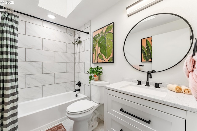 bathroom with a skylight, toilet, shower / bathtub combination with curtain, vanity, and recessed lighting