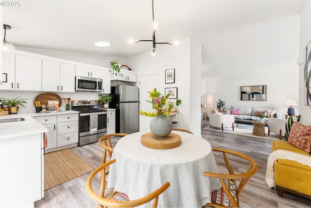 kitchen with stainless steel appliances, light countertops, open floor plan, a sink, and white cabinets