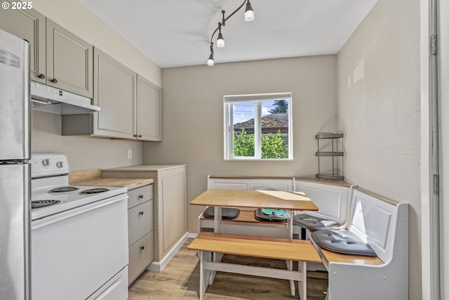 767 32nd Ave, Longview, WA 98632 - kitchen with electric stove, under cabinet range hood, light wood-type flooring, freestanding refrigerator, and light countertops