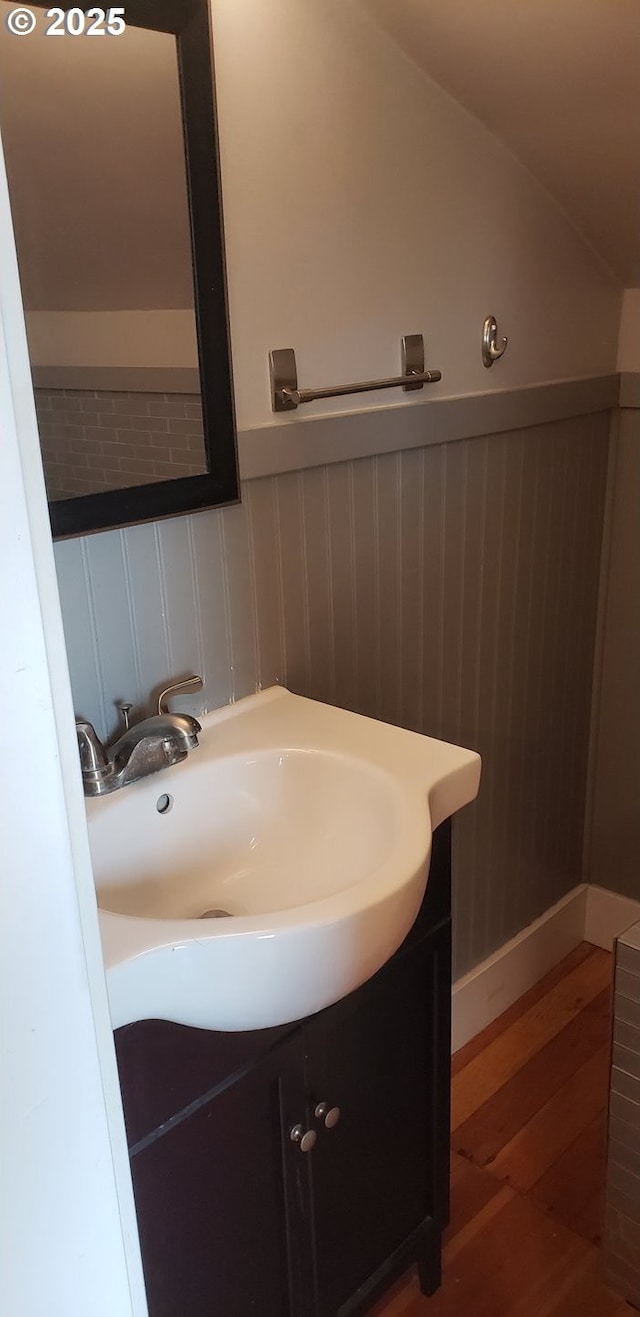 bathroom featuring wood finished floors, vanity, and wainscoting