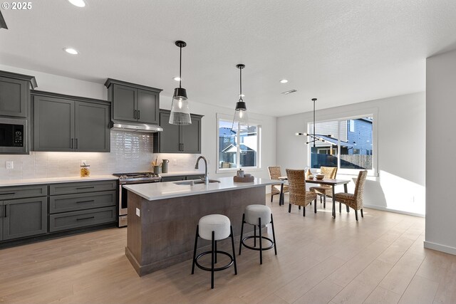 2112 NW 17th Pl, Battle Ground, WA 98604 - kitchen featuring stainless steel appliances, under cabinet range hood, decorative backsplash, light wood-type flooring, and recessed lighting